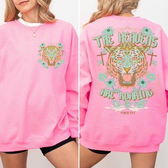 Heavens Are Roaring Psalm 19:1 Bible Tiger Christian Faith Religious Sweatshirt - Picture 5 of 16